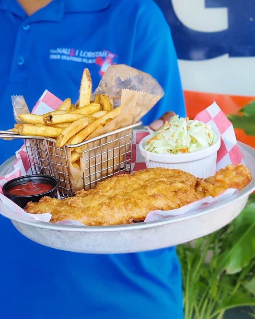 New England fish and chips with beer-battered haddock, the best fish and chips in Orlando at The Nauti Lobstah